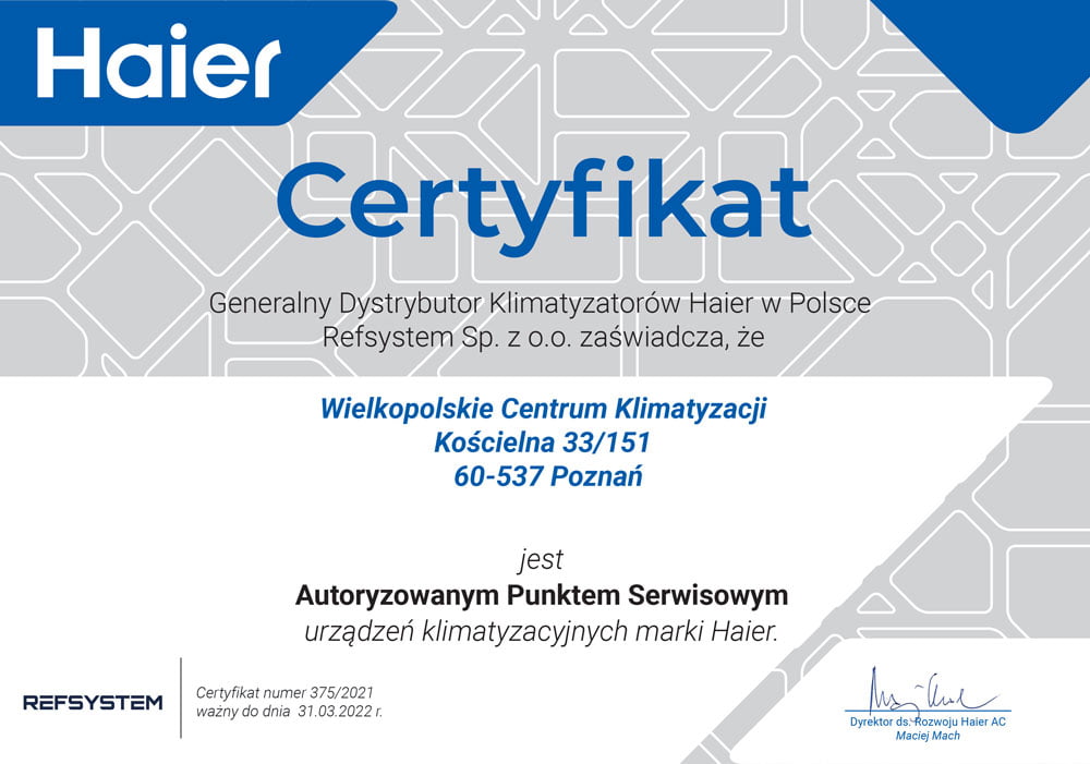 certyfikat_HAIER