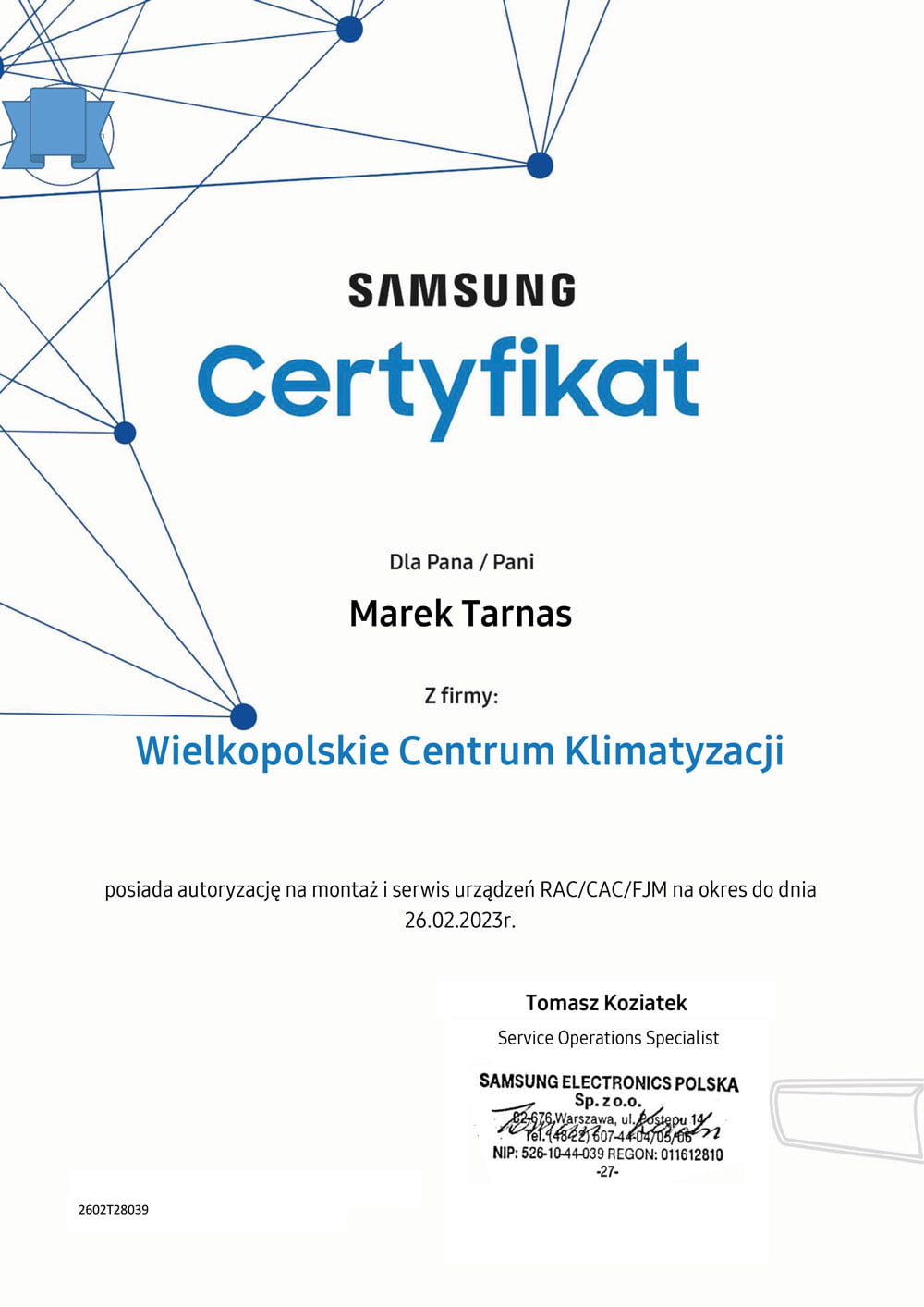 Certyfikat Samsung